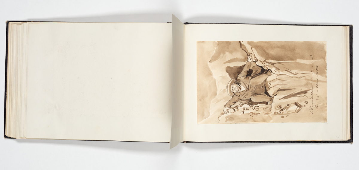 En uniformerad man som ramlat på alla fyra och över honom faller en svartklädd kvinna. Tre kvinnor i aftonklänningar sitter bakom på en bänk och ser förskräckta på det som händer.
