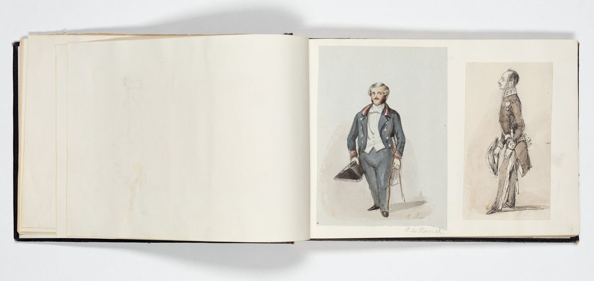 En uniformerad man som ramlat på alla fyra och över honom faller en svartklädd kvinna. Tre kvinnor i aftonklänningar sitter bakom på en bänk och ser förskräckta på det som händer.
