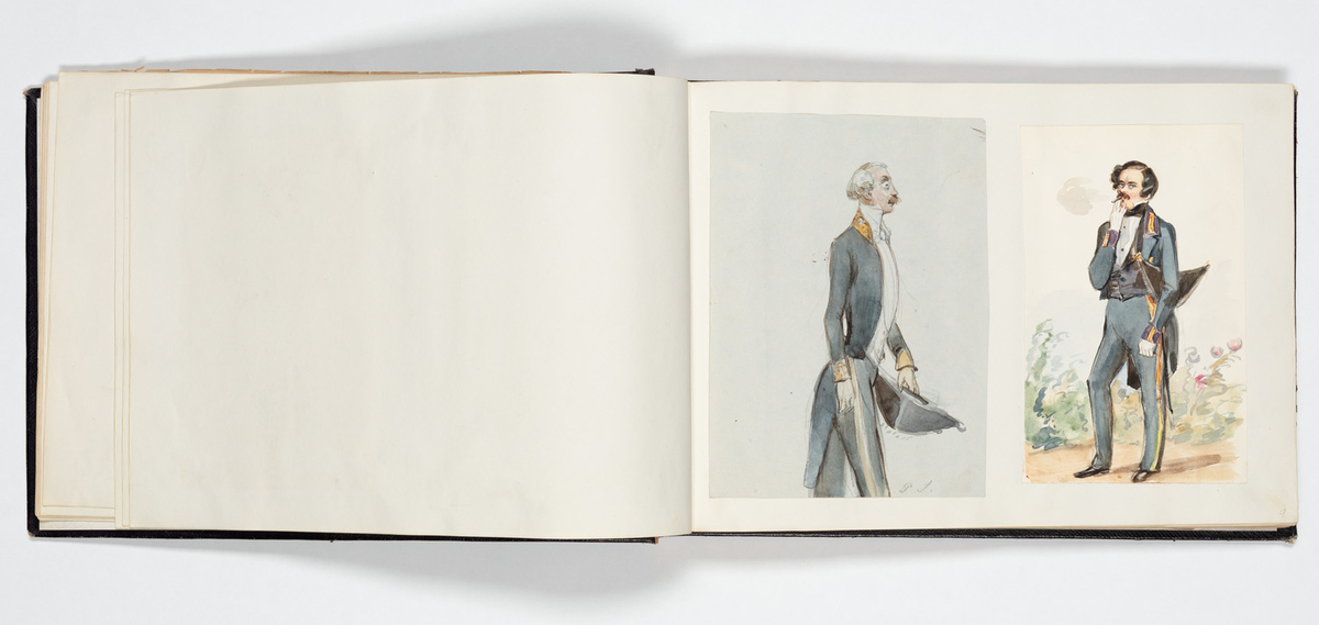 En uniformerad man som ramlat på alla fyra och över honom faller en svartklädd kvinna. Tre kvinnor i aftonklänningar sitter bakom på en bänk och ser förskräckta på det som händer.
