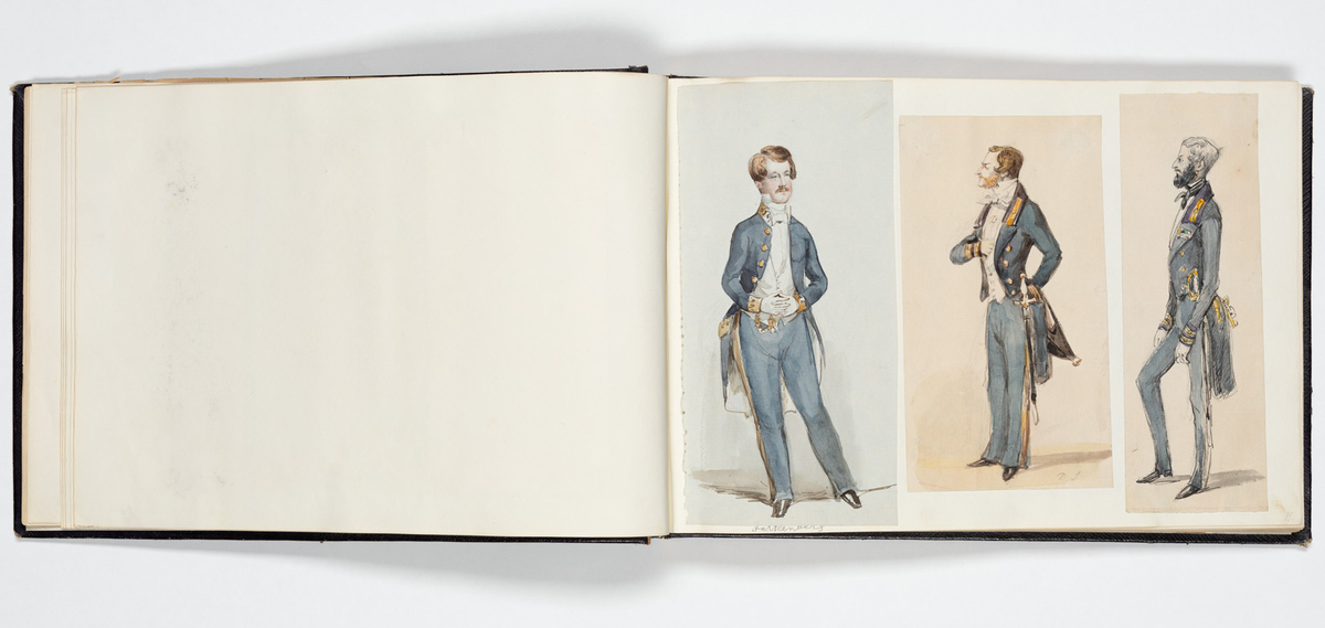 En uniformerad man som ramlat på alla fyra och över honom faller en svartklädd kvinna. Tre kvinnor i aftonklänningar sitter bakom på en bänk och ser förskräckta på det som händer.
