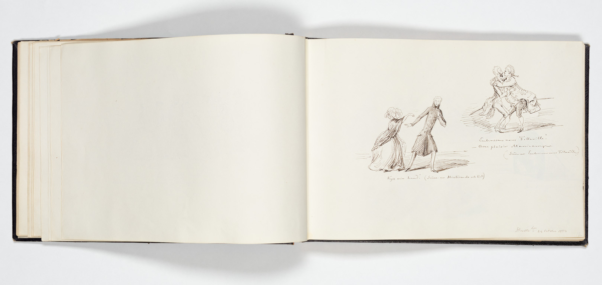 En uniformerad man som ramlat på alla fyra och över honom faller en svartklädd kvinna. Tre kvinnor i aftonklänningar sitter bakom på en bänk och ser förskräckta på det som händer.
