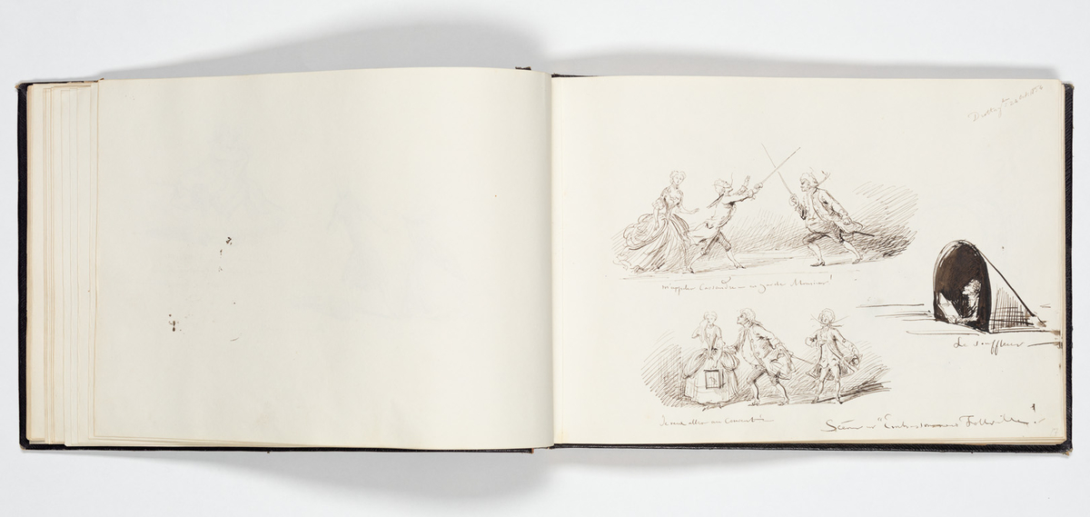 En uniformerad man som ramlat på alla fyra och över honom faller en svartklädd kvinna. Tre kvinnor i aftonklänningar sitter bakom på en bänk och ser förskräckta på det som händer.
