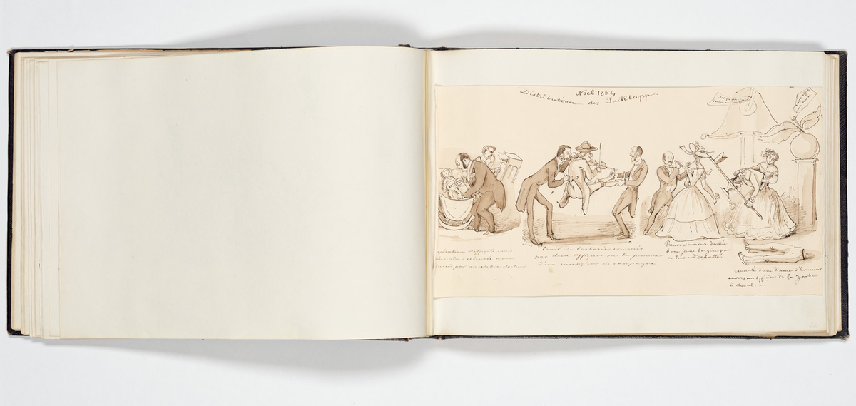 En uniformerad man som ramlat på alla fyra och över honom faller en svartklädd kvinna. Tre kvinnor i aftonklänningar sitter bakom på en bänk och ser förskräckta på det som händer.
