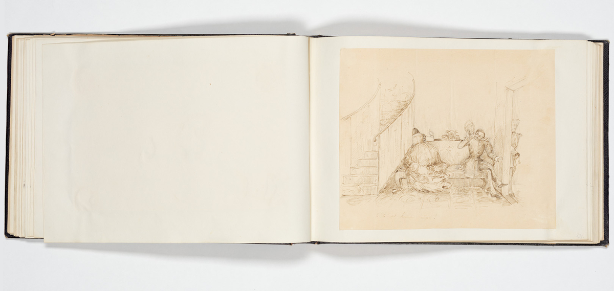 En uniformerad man som ramlat på alla fyra och över honom faller en svartklädd kvinna. Tre kvinnor i aftonklänningar sitter bakom på en bänk och ser förskräckta på det som händer.
