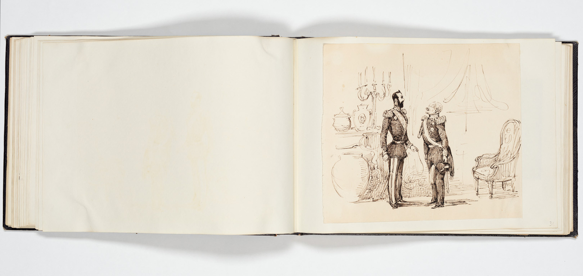 En uniformerad man som ramlat på alla fyra och över honom faller en svartklädd kvinna. Tre kvinnor i aftonklänningar sitter bakom på en bänk och ser förskräckta på det som händer.
