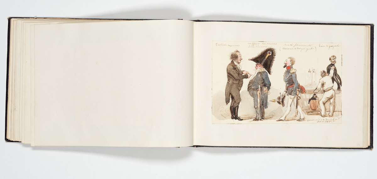 En uniformerad man som ramlat på alla fyra och över honom faller en svartklädd kvinna. Tre kvinnor i aftonklänningar sitter bakom på en bänk och ser förskräckta på det som händer.
