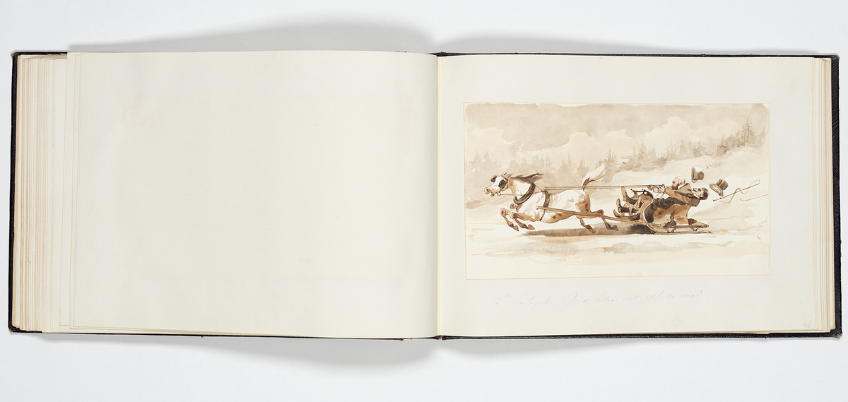 En uniformerad man som ramlat på alla fyra och över honom faller en svartklädd kvinna. Tre kvinnor i aftonklänningar sitter bakom på en bänk och ser förskräckta på det som händer.
