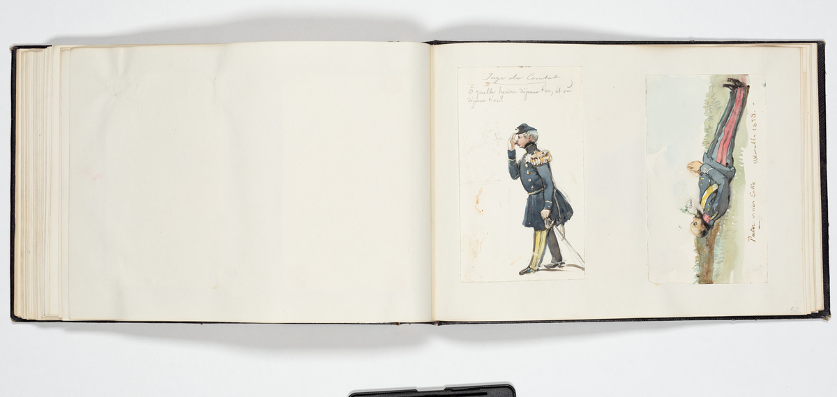 En uniformerad man som ramlat på alla fyra och över honom faller en svartklädd kvinna. Tre kvinnor i aftonklänningar sitter bakom på en bänk och ser förskräckta på det som händer.
