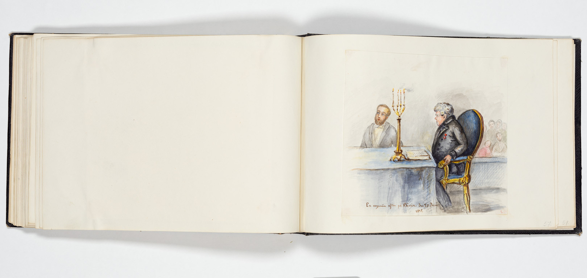 En uniformerad man som ramlat på alla fyra och över honom faller en svartklädd kvinna. Tre kvinnor i aftonklänningar sitter bakom på en bänk och ser förskräckta på det som händer.
