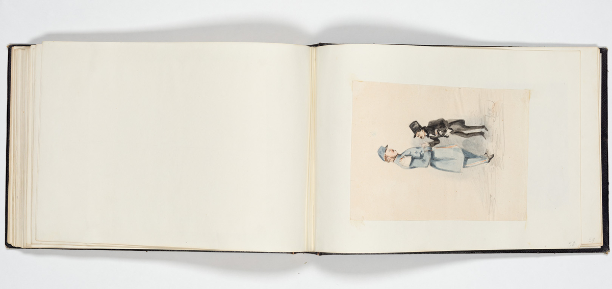 En uniformerad man som ramlat på alla fyra och över honom faller en svartklädd kvinna. Tre kvinnor i aftonklänningar sitter bakom på en bänk och ser förskräckta på det som händer.
