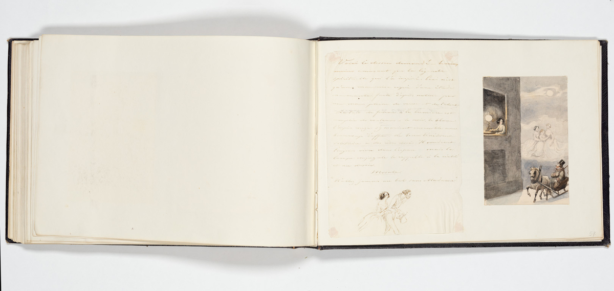 En uniformerad man som ramlat på alla fyra och över honom faller en svartklädd kvinna. Tre kvinnor i aftonklänningar sitter bakom på en bänk och ser förskräckta på det som händer.
