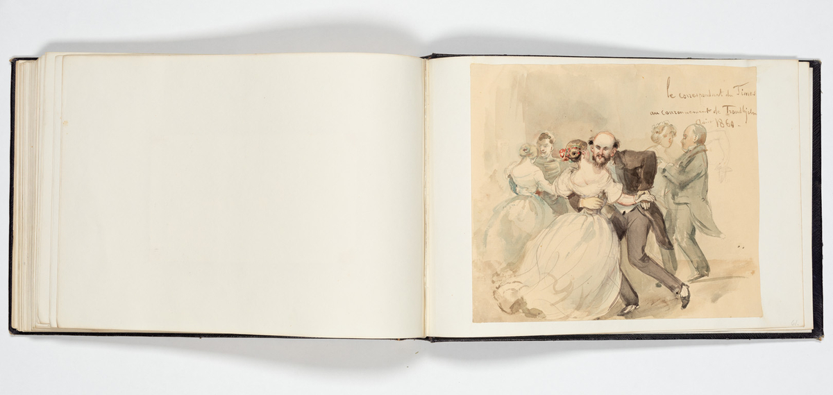 En uniformerad man som ramlat på alla fyra och över honom faller en svartklädd kvinna. Tre kvinnor i aftonklänningar sitter bakom på en bänk och ser förskräckta på det som händer.
