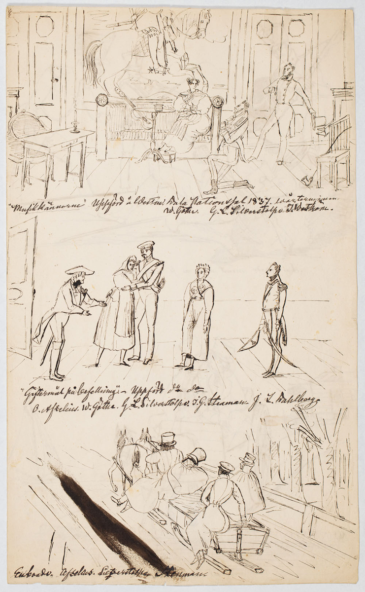 på framsida 3 spelbildteckningar under varandra, från ovan: teckning 1 interiör av en biedermaierrum med två dörrar bak och en ridare som väggdekor famför den i mitt en kvinna sittande på sofa brevid henne en gitarr, framför henne en man på knä och en annan stående, alla i biedermaierkostymer; teckning 2 rum utan möbler eller tidstypiska kenntecken, till vänster dörr öppnad, en grupp mäniskor i början av 1800tal kostymer, en man till vänster prater, ett ung par i mitt håller i varnadra, mannen i uniform, en kvinna och en man i uniform stå ensam och verka som de lyssa på mannen till vänster; teckning 3 utomhus, en kvinna och tre män på en hästdragen släpsläde, sedd bakifrån alla sit6ter på kanten av släden när den är dragen över en bro; på baksida 2 spelbildsteckningar under varandra, från ovan:  teckning 1 utomhus,  fyra soldater i början av 1800talet uniformer, kämpande mot varandra och skjutande, en ligger framför en kanon; teckning 2 två trötta män i liten hästvang på väg ifrån värdshuset i bakgrund, på högra sida vatten med segelbåt, framför hästen vatten där den håller på at kliver i

