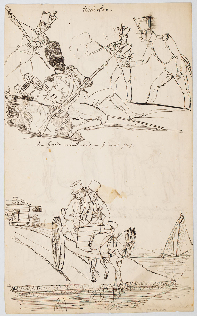 på framsida 3 spelbildteckningar under varandra, från ovan: teckning 1 interiör av en biedermaierrum med två dörrar bak och en ridare som väggdekor famför den i mitt en kvinna sittande på sofa brevid henne en gitarr, framför henne en man på knä och en annan stående, alla i biedermaierkostymer; teckning 2 rum utan möbler eller tidstypiska kenntecken, till vänster dörr öppnad, en grupp mäniskor i början av 1800tal kostymer, en man till vänster prater, ett ung par i mitt håller i varnadra, mannen i uniform, en kvinna och en man i uniform stå ensam och verka som de lyssa på mannen till vänster; teckning 3 utomhus, en kvinna och tre män på en hästdragen släpsläde, sedd bakifrån alla sit6ter på kanten av släden när den är dragen över en bro; på baksida 2 spelbildsteckningar under varandra, från ovan:  teckning 1 utomhus,  fyra soldater i början av 1800talet uniformer, kämpande mot varandra och skjutande, en ligger framför en kanon; teckning 2 två trötta män i liten hästvang på väg ifrån värdshuset i bakgrund, på högra sida vatten med segelbåt, framför hästen vatten där den håller på at kliver i
