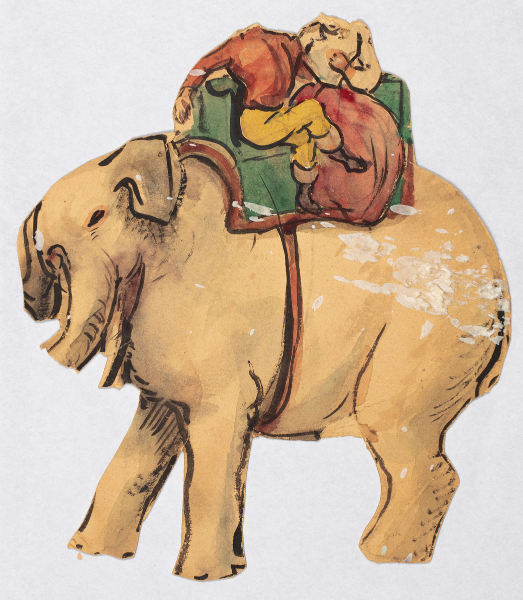 En man och en kvinna rider på en elefant. Ena sidan är tydligare än den andra.
