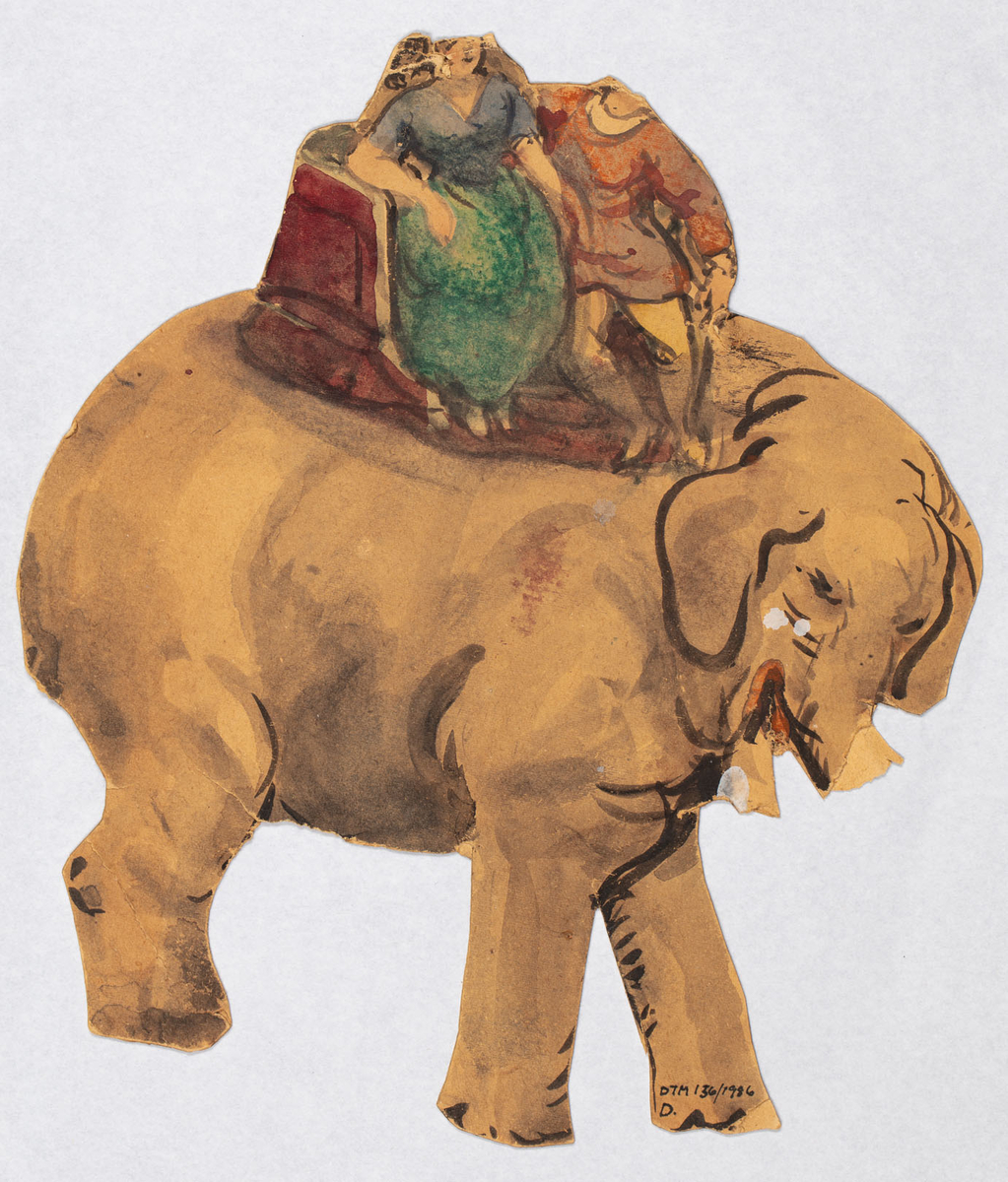 En man och en kvinna rider på en elefant. Ena sidan är tydligare än den andra.
