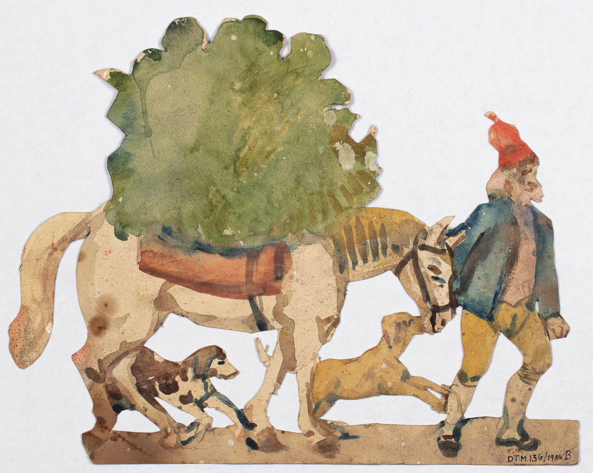 En man leder en häst. Två hundar springer bredvid. Ena sidan mycket skissartad. På hästens rygg en grön börda som ser ut som en buske. På andra sidan bär hästen en stor korg i vilken små puttin sitter. De bär blomstergirlander.
