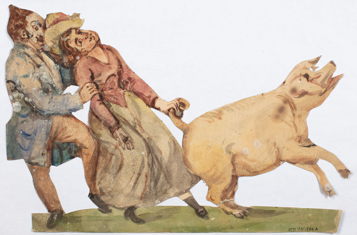 En gris försöker springa iväg. En kvinna håller den i svansen och en man håller om kvinnan. Båda sidor bemålade. Ena sidan framställer figurer som mera herrskapsberoende medan den andra sidan har mera enkla kläder.
