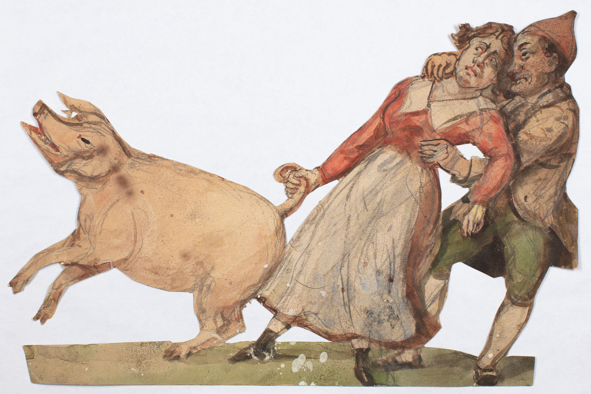 En gris försöker springa iväg. En kvinna håller den i svansen och en man håller om kvinnan. Båda sidor bemålade. Ena sidan framställer figurer som mera herrskapsberoende medan den andra sidan har mera enkla kläder.
