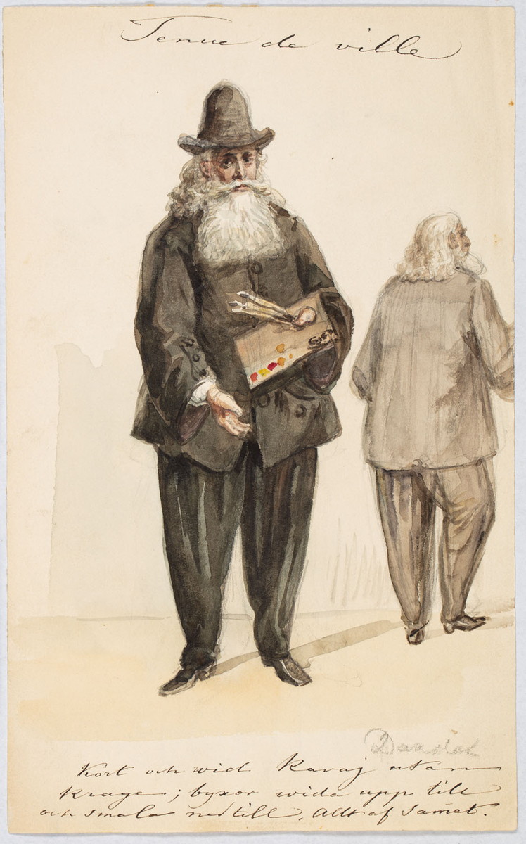 En skäggig man, tecknad både framifrån och bakifrån. Han håller i en palett och penslar.
