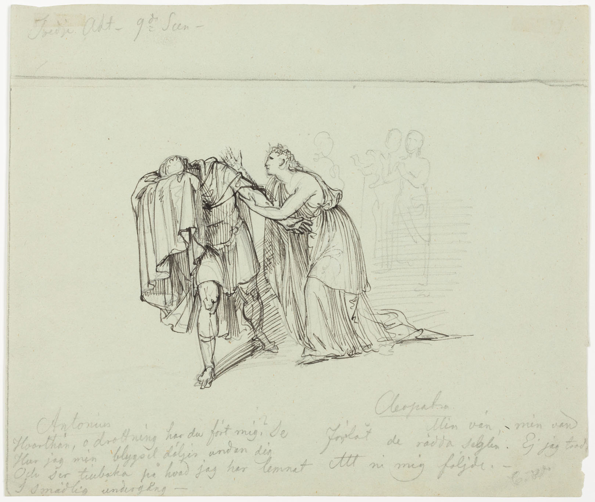 Till vänster en man i tunika och mantel, framböjd i en bedrövad gest med ansiktet dolt av högerarmen och manteln. Till höger, vid hans sida en kvinna i antikiserande klänning, som håller i mannens utsträckta vänsterarm. Bakom dessa en grupp kvinnor svagt tecknade i blyerts. Påskrifter.
