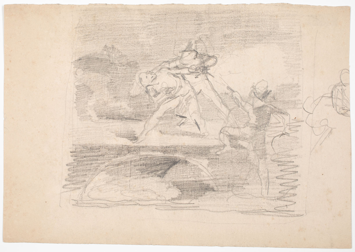 De båda teckningarna är variationer på likartat tema. Båda skildrar rånöverfall. Bilden på framsidan utspelas på en bro där en man blir överfallen av en annan, t.h. nedanför bron står en tredje man och skjuter med pistol mot mannen på bron, t.v. i bakgrunden syns en person, närmast som en skugga, springa ut ur bilden. Den personen avtecknar sig mot en kulle som kröns av ett litet hus. På baksidans bild, som är ofullständigt tecknad, syns i förgrunden två män, varav den ena hukar, med vapen. Den vänstra mannen skjuter mot ett oidentifierbart föremål mitt i bilden. T.v. syns en ofullständigt tecknad figur som springer bort och till höger finns en figurliknande teckning. Båda teckningarna är mindre än pappret.
