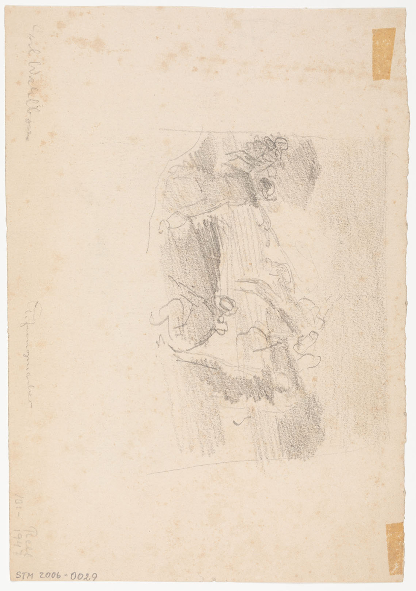 De båda teckningarna är variationer på likartat tema. Båda skildrar rånöverfall. Bilden på framsidan utspelas på en bro där en man blir överfallen av en annan, t.h. nedanför bron står en tredje man och skjuter med pistol mot mannen på bron, t.v. i bakgrunden syns en person, närmast som en skugga, springa ut ur bilden. Den personen avtecknar sig mot en kulle som kröns av ett litet hus. På baksidans bild, som är ofullständigt tecknad, syns i förgrunden två män, varav den ena hukar, med vapen. Den vänstra mannen skjuter mot ett oidentifierbart föremål mitt i bilden. T.v. syns en ofullständigt tecknad figur som springer bort och till höger finns en figurliknande teckning. Båda teckningarna är mindre än pappret.
