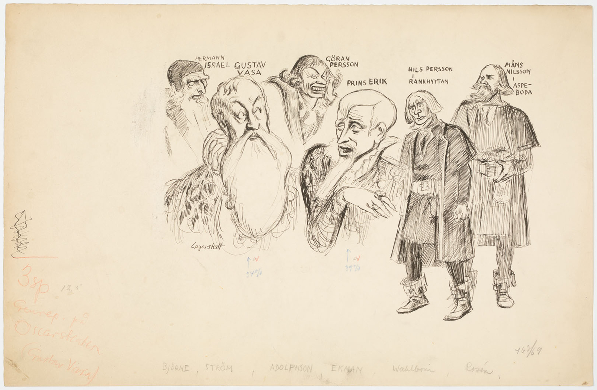 Längst till vänster ansiktsporträtt av äldre man i halvprofil till höger. Han har långt lockigt hår och är klädd i rock och svart mössa med öronlappar. Bredvid honom en bystbild av man med högt hårfäste och stort helskägg. Han är klädd doublet-tröja och pipkrage. Snett ovanför en grimaserande man med pagefrisyr iklädd pälsbrämad rock. I mitten bystbild av yngre man med kortklippt frisyr och långt pipskägg iklädd doublet-tröja med hög krage. Hans ansikte är vänt i halvprofil till vänster. Till höger två män i helfigur i snarlika kostymer och frisyrer. De bär trikåer, stövlar, kjortlar och rockar. Mannen längst till höger har skägg. 