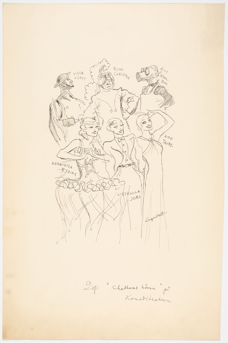 Skiss med sex skådespelare i två rader. Uppe till vänster, man i halvprofil klädd i uniform från första världskriget med ett gevär mot hans högra axel. I mitten man klädd i uniform med vapenrocken buren bakochfram. På huvudet en kask i form av drakhuvud med kam och tagelliggare. Till höger man i frack, förkläde och gasmask i halvprofil till vänster. Nertill från vänster, kvinna i liten hatt klädd i balettklänning med tunna axelband och tyllkjol. I mitten en kvinna iklädd kostym och skjorta med fluga. Till höger kvinna i fotsida aftonklänning utan ärm.
