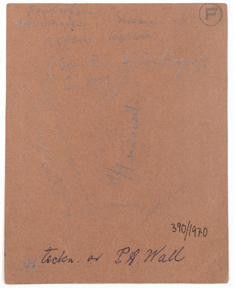 Ett ansiktsporträtt av en man, sedd i profil. Mannen har skägg och mustasch samt är vänd mot vänster. Teckningen är monterad på ett svart papper som i sin tur är monterat på ett papper i brun färg. 
