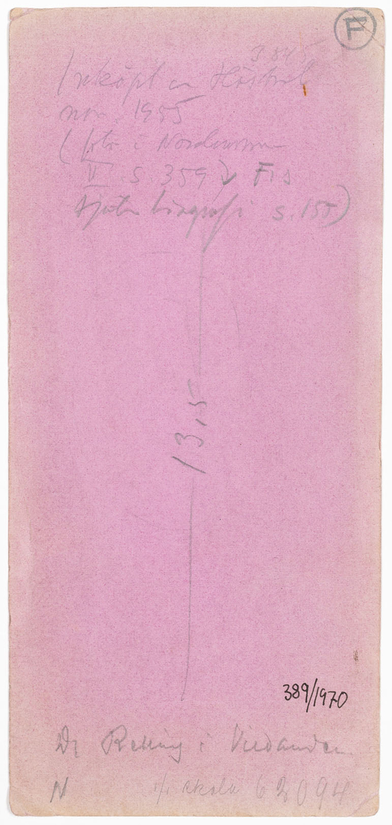 Man i helfigur, ståendes vänd mot vänster. Mannen är iklädd bruna byxor samt svart väst och rock. Mannen har svart spretigt skägg och glasögon samt håller sina händer i byxfickorna. Teckningen är monterad på ett svart papper som i sin tur monterats på ett papper målat i ljusrosa färg. 
