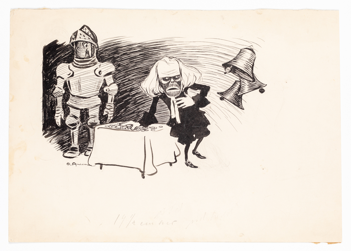 Två män avbildade i helfigur ståendes vid ett bord fullt med pengar. Mannen till vänster är iklädd rustning med hjälmens visir uppfällt. Till höger en svartklädd man med höger hand på bordet och vänster hand på bröstet. Han har en skärrad uppsyn. Till höger om honom tre klockor som klämtar.
