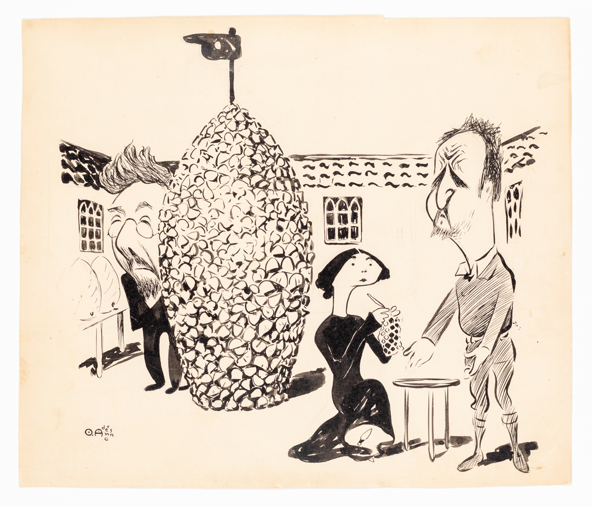 På en innergård syns två män och en kvinna. Till vänster, bakom en stor vedstapel, en man i i glasögon och skägg iklädd svart kavajkostym. 
I mitten en kvinna klädd i långärmad fotsid klänning i svart, sittandes vid ett bord med virkning i händerna. Till höger om henne en man i sportkläder och ledsen uppsyn. Han slår ut med båda händerna framför sig. 