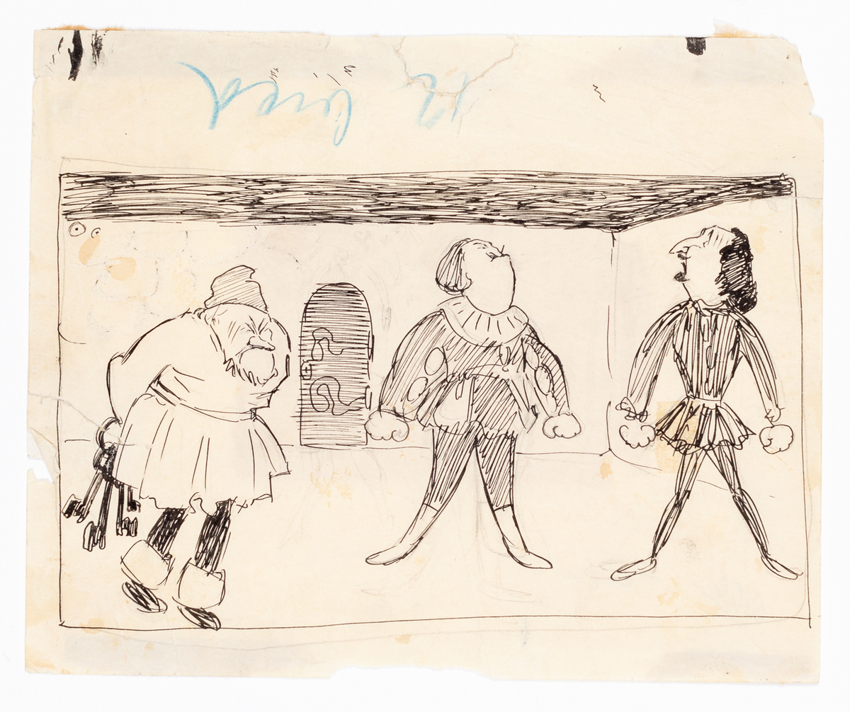 Tre män avbildade i helfigur på en scen. I bakgrunden kuliss med en dörr. Mannen till vänster håller en överdimensionerad nyckelknippa bakom sin rygg. Bredvid honom står två andra män och bröstar upp sig mot varandra. De är klädda trikåer och kjortlar.