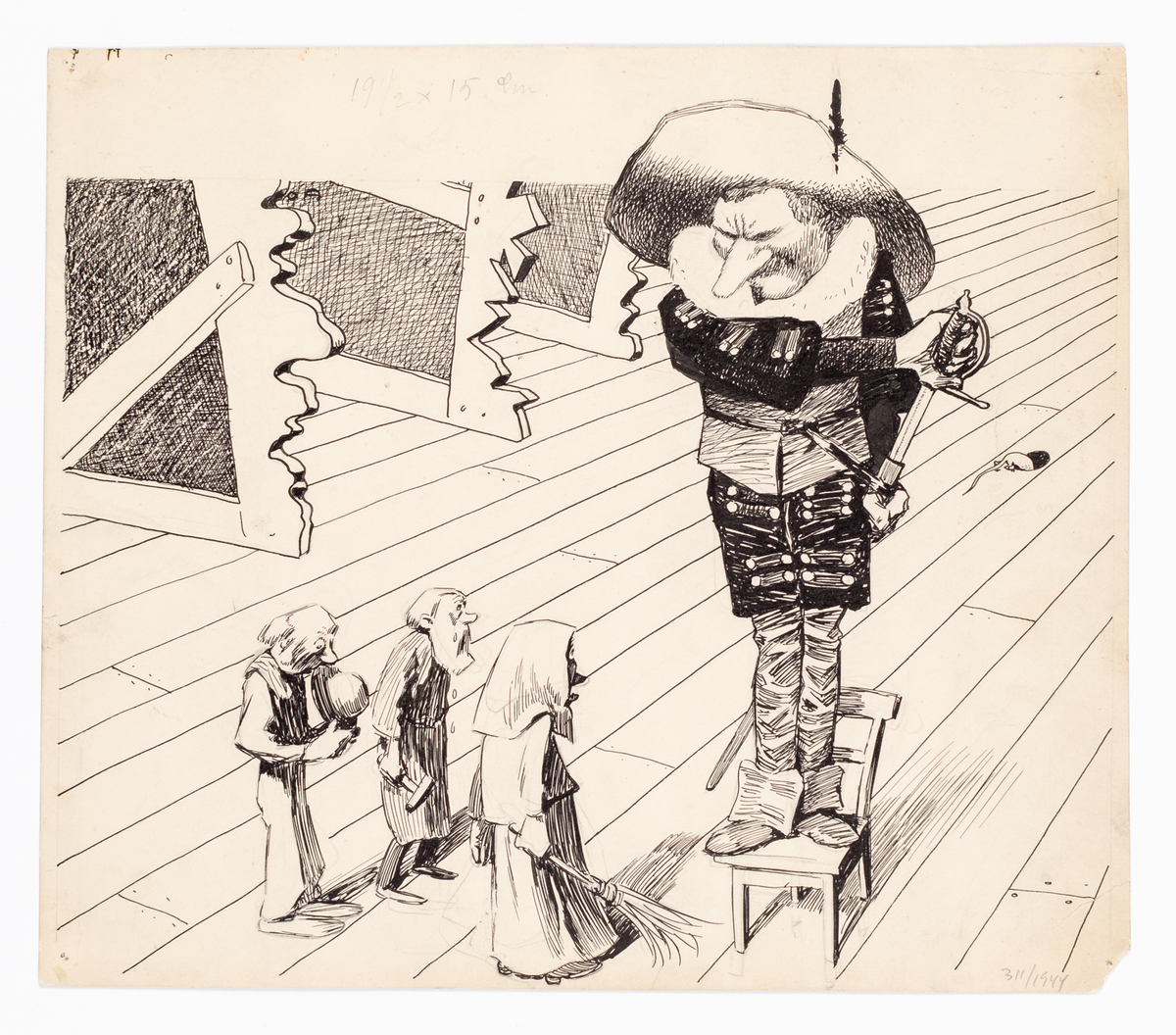 En man i stor hatt och stor halskrage står på en stol. Mannen är på väg att dra sin värja. Mannen har en stor näsa. Nedanför honom står tre personer; en man som håller i sin hatt, en man som gråter och håller i en hammare och en kvinna som håller i en kvast. Till vänster upptill ses nederdelen av tre stycken kulisser. 
