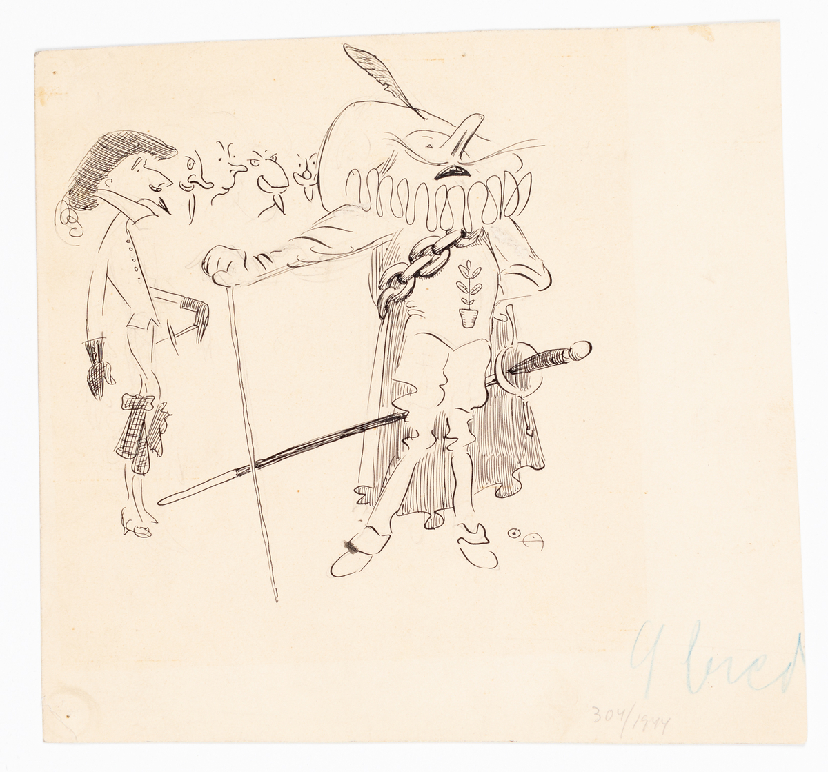 Till höger en man med överdimensionerad näsa och värja. Han är klädd i barockinspirerad dräkt med stor hatt, pipkrage och slängkappa. Till vänster en ung man i profil och en rad ansikten.
