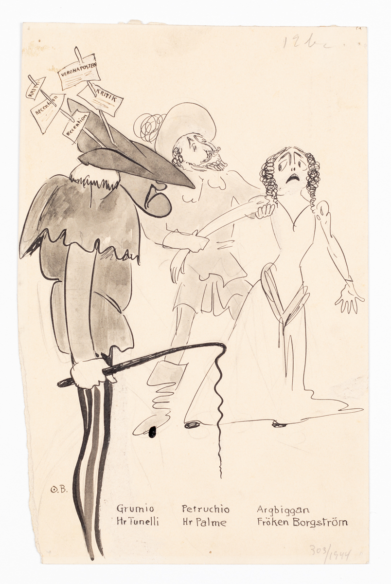 Till vänster en man iklädd randiga trikåer, kjortel och hatt, med piska i handen. I mitten en man i renässansinspirerad kostym hållandes en ung dam i höger arm. Hon är klädd i fotsid klänning.
