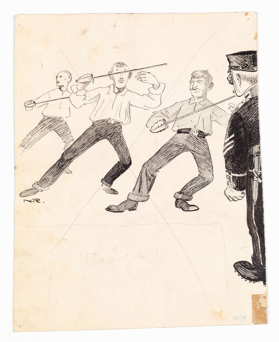 Till vänster en pinne på vilken det sitter två fåglar med människohuvud,  märkta "Person" och "Janson". Nedanför ses en fisk med ben, tre fåglar samt fyra fåglar med människohuvud varav det står "Hanson" på bröstet på den längst till höger. I mitten ses en tupp med människohuvud och namnet "Fredrikson" på bröstet, nedanför tuppen en sten med texten "Dramatiska teatern". Längst till höger ses en räv med människohuvud som tittar i en kikare. På rävens bröst står namnet "Ranft". På baksidan finns en överkryssad teckning av tre män med värja sam en polis.
