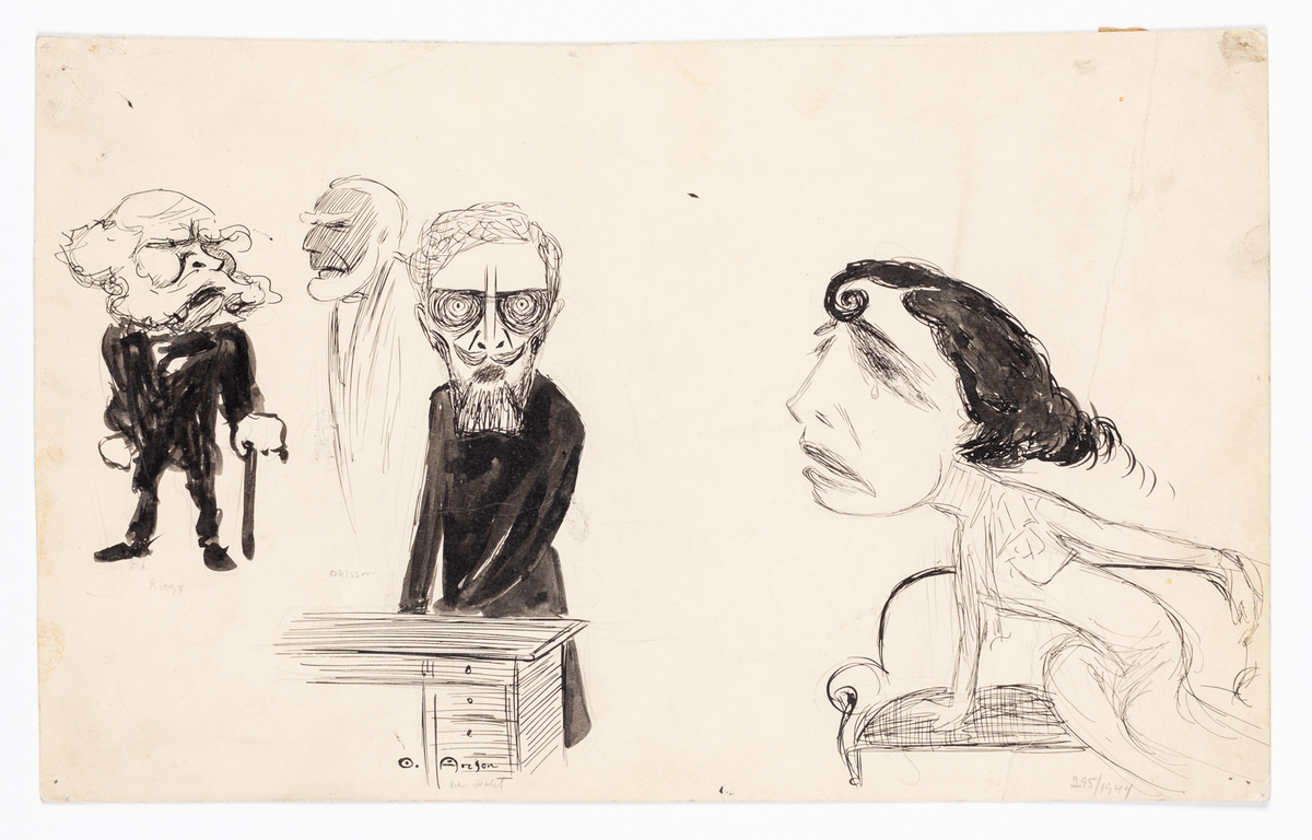 Tre äldre män, varav en vid ett skrivbord. Till höger en gråtande dam i soffa.
