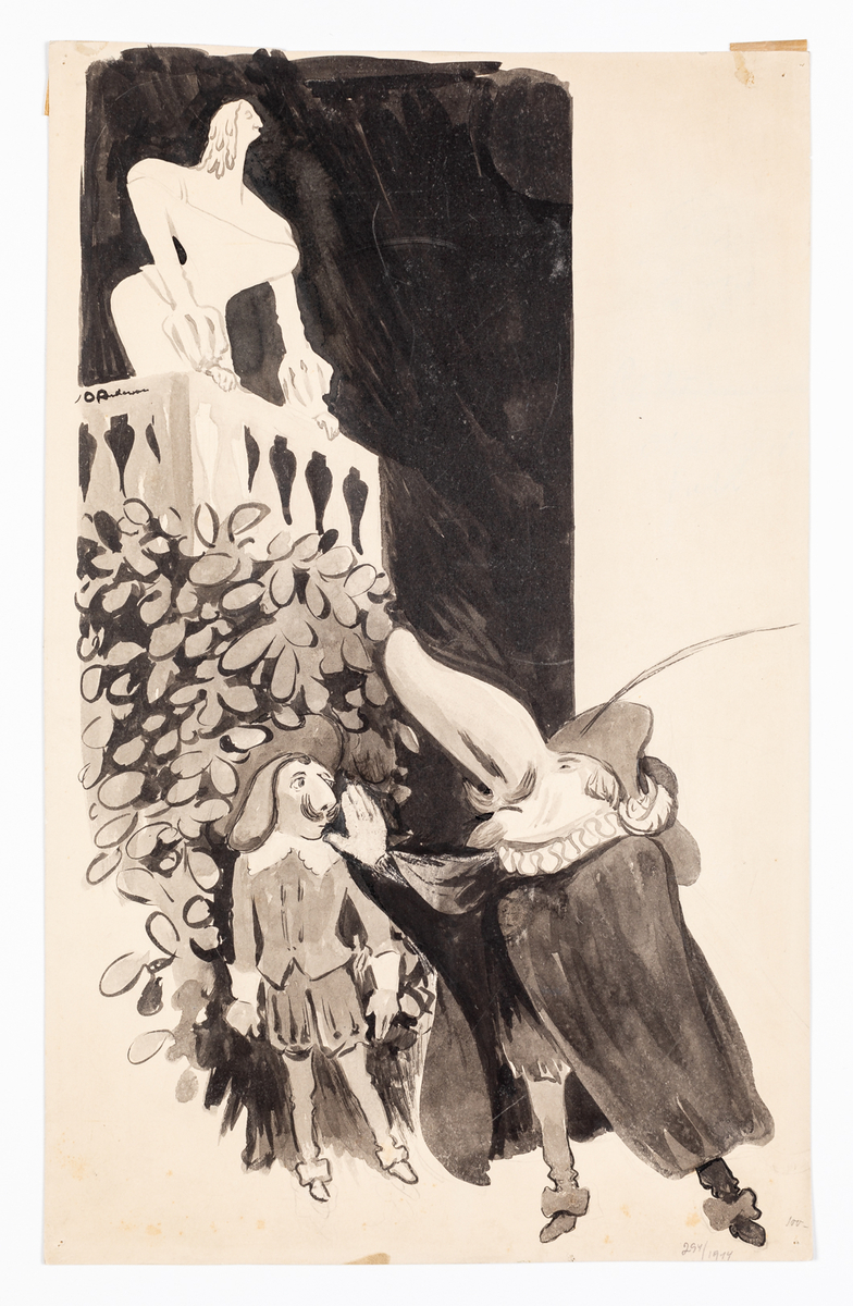 Till vänster en dam på en balkong. Nedanför står en man som blir intryckt i en buske av en man till höger. Mannen till höger har en enorm näsa. 
