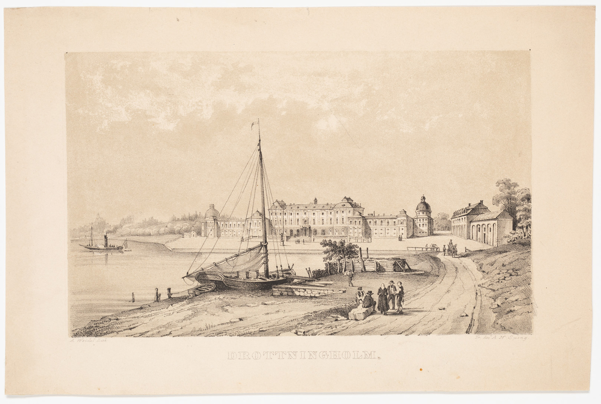 Drottningholms slott från sjösidan i fonden. I förgrunden fartyg och några människogrupper.
