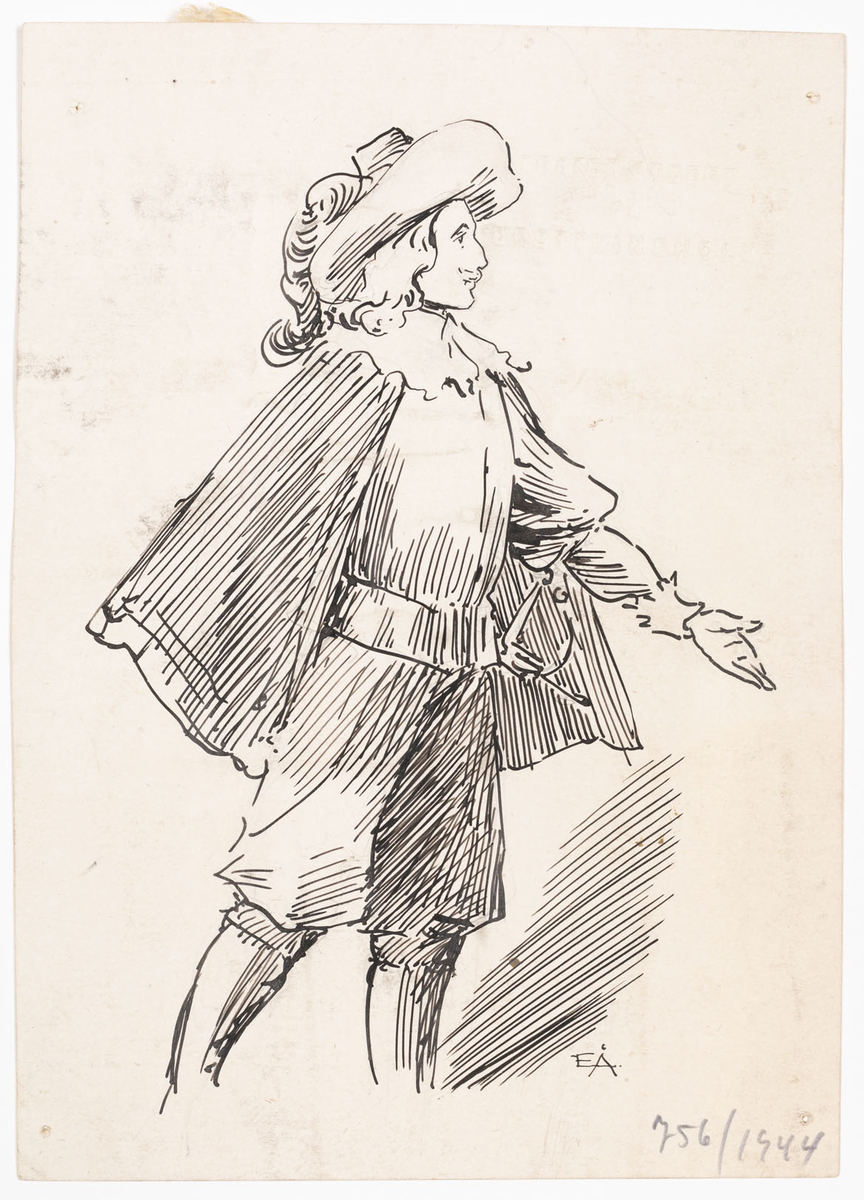 Ung man i musketördräkt.
