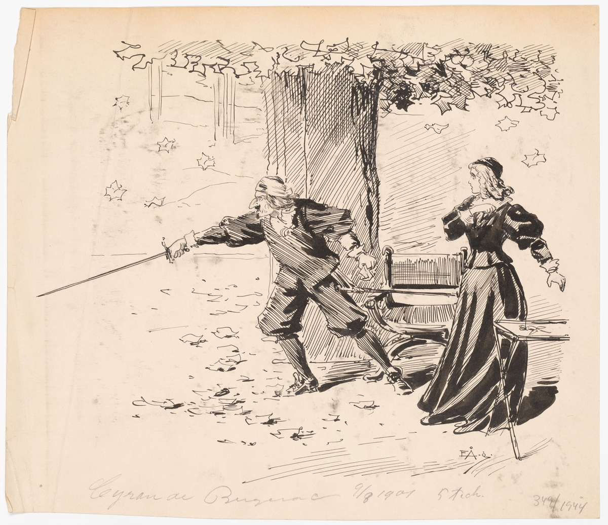 Höstlöv faller över man med stor näsa och dragen värja i höger hand och ung dam.
