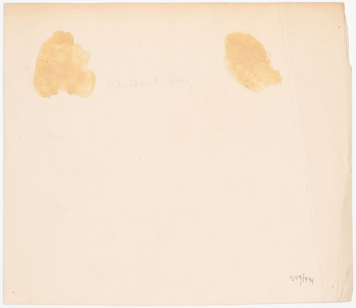 Höstlöv faller över man med stor näsa och dragen värja i höger hand och ung dam.
