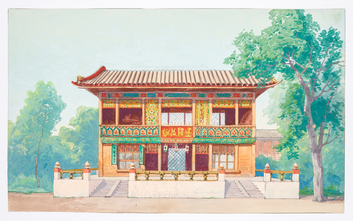 Kinesiskt hus på en murad plattform. Två trappor leder upp till huset vars övervåning har öppningar genom vilka man ser fönstren på andra sidan. Träd omkring huset.
