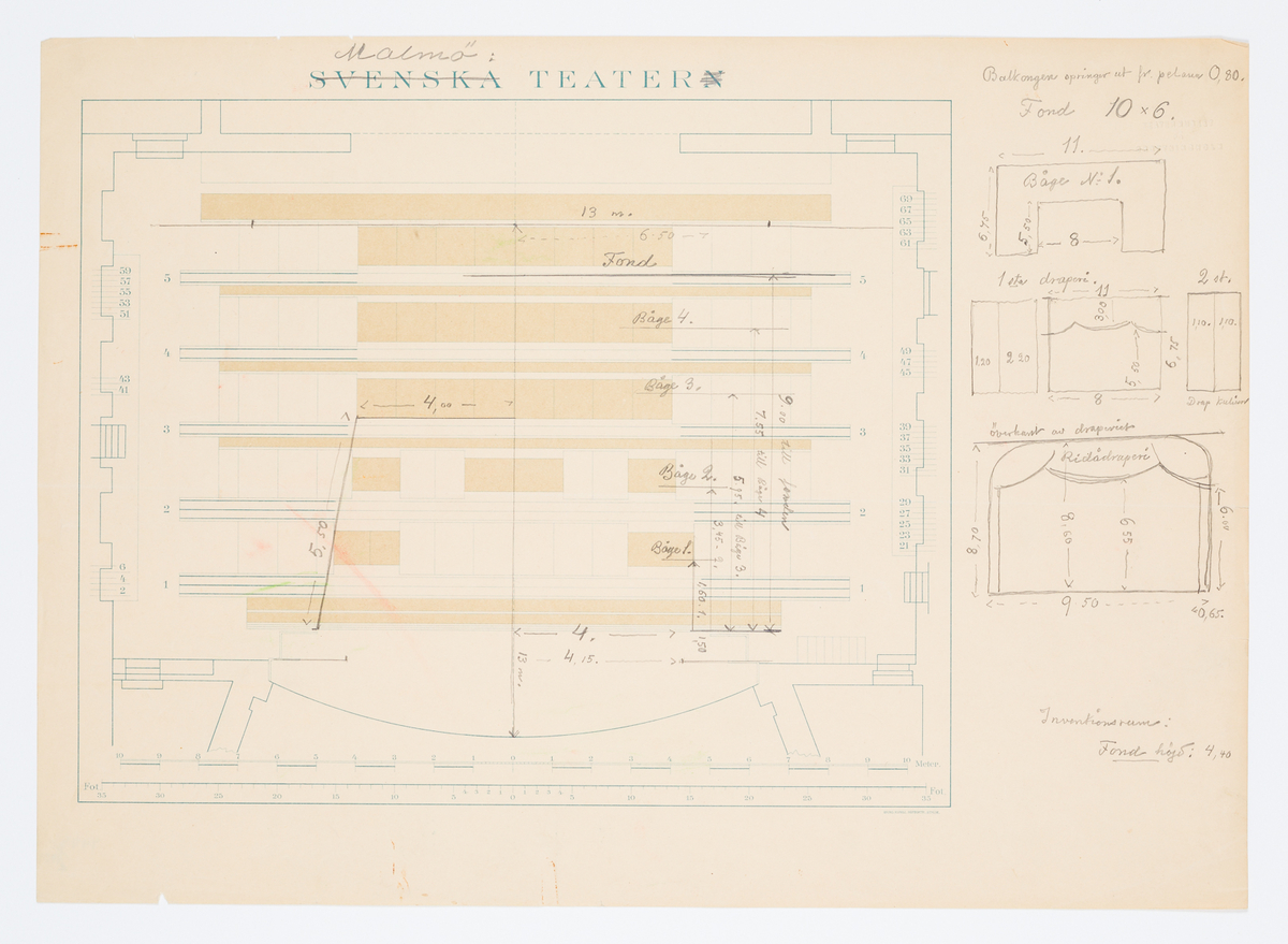 Tryckt plan av SvenskaTeaterns scen ändrad för Malmö teatern med inritad dekorationsuppställning.
