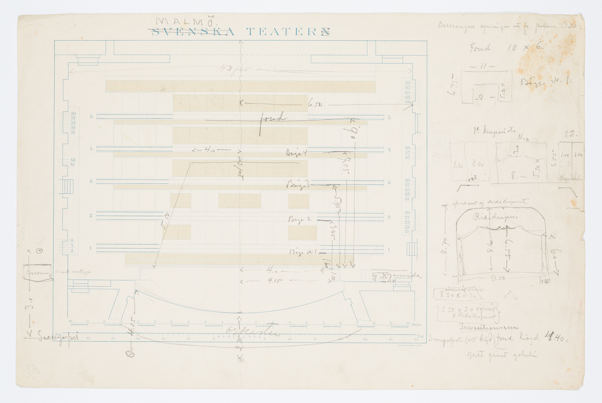 Tryckt plan av SvenskaTeaterns scen ändrad för Malmö teatern med inritad dekorationsuppställning.
