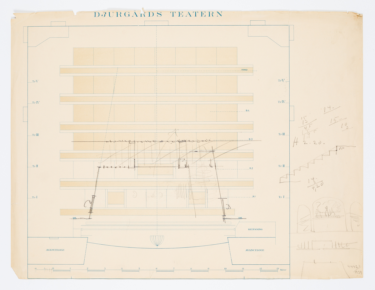 Tryckta planer av Djurgårdsteaterns scen med inritade dekorationsuppställningar.
