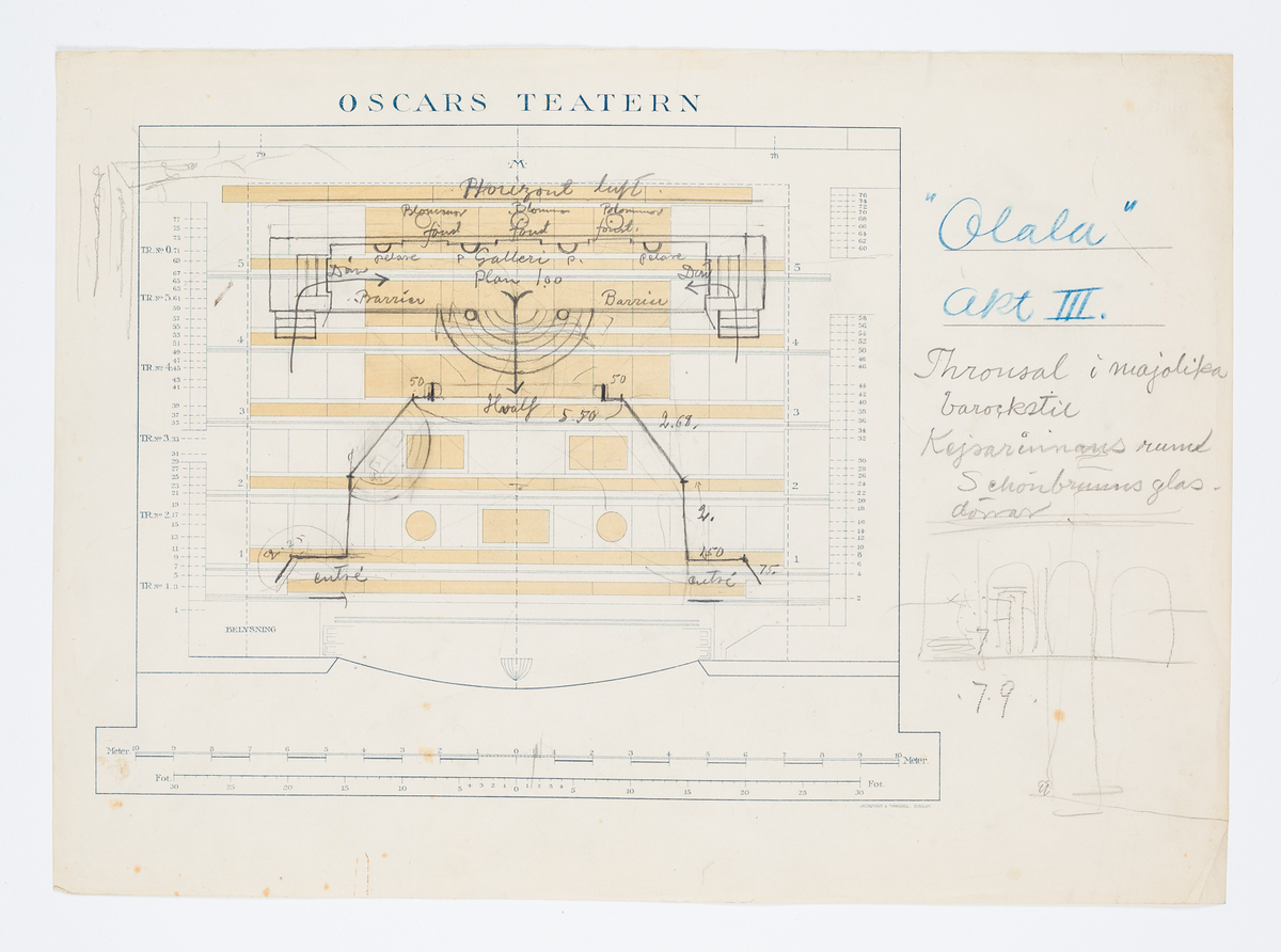 Tryckt plan av Oscarsteaterns scen med inritad dekorationsuppställning. 

