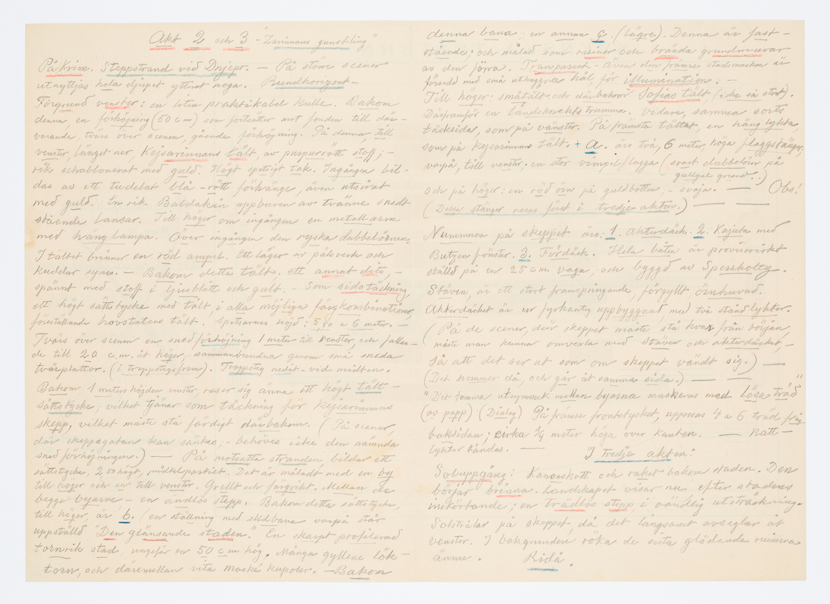 Tryckt plan av Svenska Teaterns scen med inritad dekorationsuppställning. På baksidan beskrivning av 2 och 3 aktens dekoration i Kejsarinnans gunstling.
